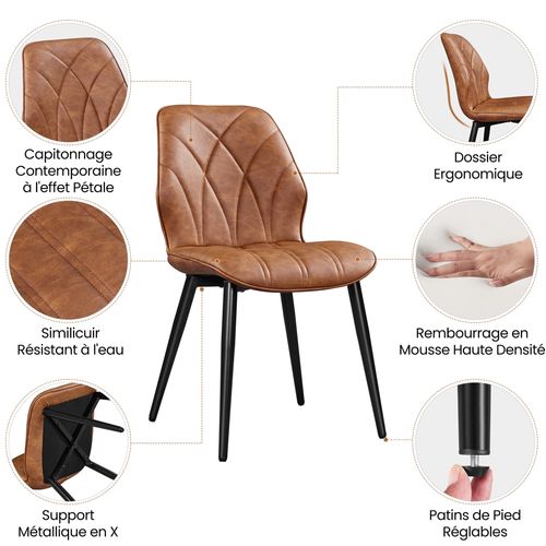 Lot De 4 Chaises De Cuisine Avec Dossier Design Pétales Et Pieds En Métal, Brun Rustique