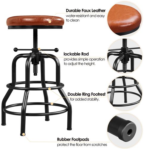 Lot De 2 Tabouret De Bar En Similicuir Réglable En Hauteur Avec Deux Repose-pieds, Marron Clair