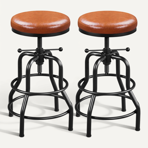 Lot De 2 Tabouret De Bar En Similicuir Réglable En Hauteur Avec Deux Repose-pieds, Marron Clair