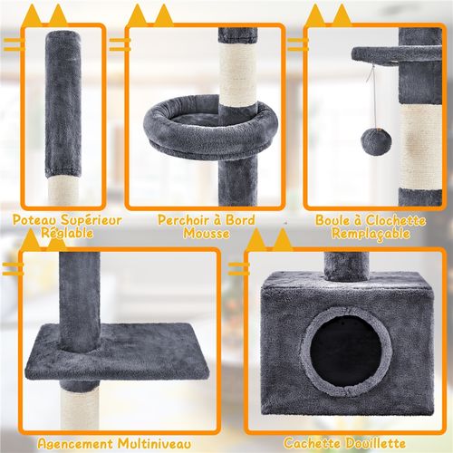 Arbre à Chat Plafond Réglable En Hauteur Avec Cachette Griffoirs En Sisal Gris Foncé