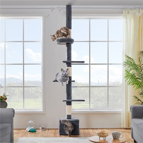 Arbre à Chat Plafond Réglable En Hauteur Avec Cachette Griffoirs En Sisal Gris Foncé