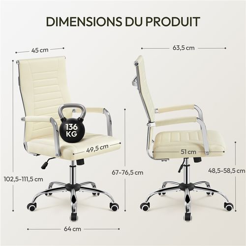 Chaise De Bureau En Similicuir Réglable En Hauteur Avec Base En Métal Chromé, Beige