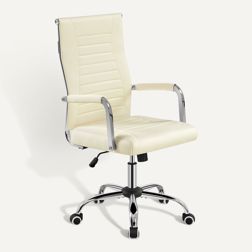 Chaise De Bureau En Similicuir Réglable En Hauteur Avec Base En Métal Chromé, Beige