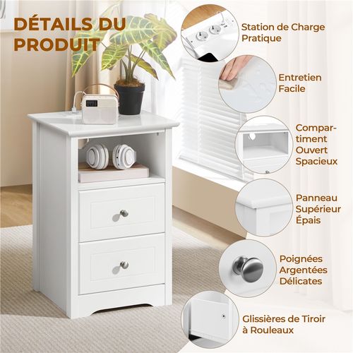 Table De Chevet Avec Station De Charge USB 2 Tiroirs Et 1 Compartiment Ouvert Blanc