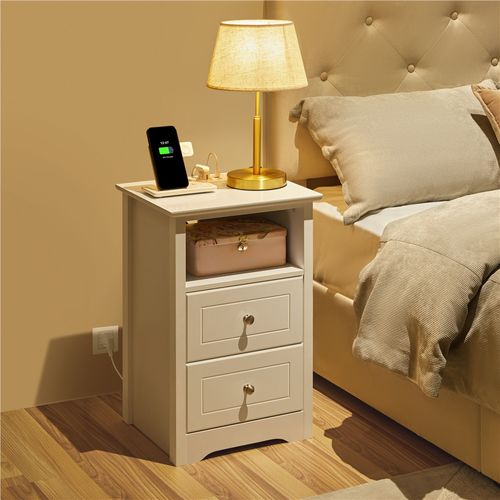 Table De Chevet Avec Station De Charge USB 2 Tiroirs Et 1 Compartiment Ouvert Blanc