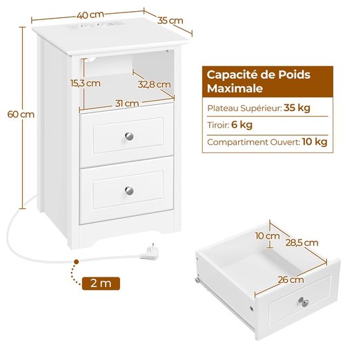 Table De Chevet Avec Station De Charge USB 2 Tiroirs Et 1 Compartiment Ouvert Blanc