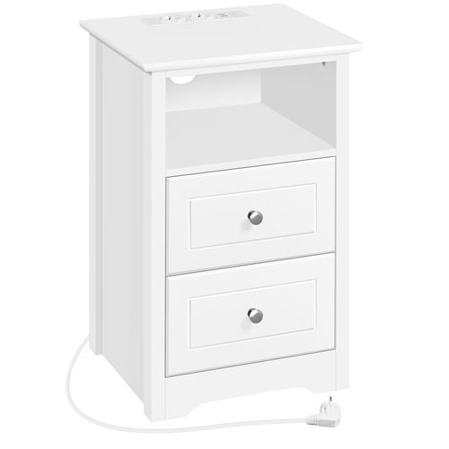 Table De Chevet Avec Station De Charge USB 2 Tiroirs Et 1 Compartiment Ouvert Blanc