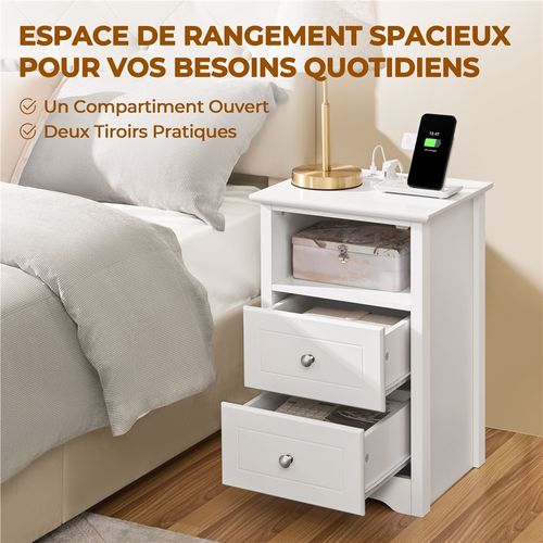 Table De Chevet Avec Station De Charge USB 2 Tiroirs Et 1 Compartiment Ouvert Blanc