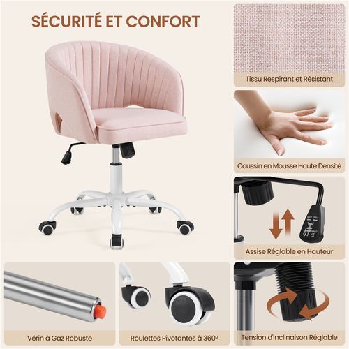 Chaise De Bureau Avec Dossier Capitonné à Canaux à Roulettes Assise Réglable En Hauteur Rose