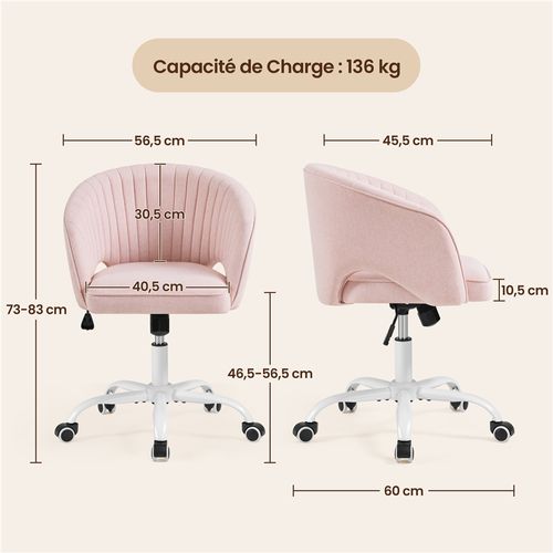 Chaise De Bureau Avec Dossier Capitonné à Canaux à Roulettes Assise Réglable En Hauteur Rose