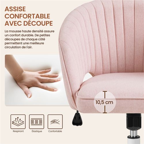 Chaise De Bureau Avec Dossier Capitonné à Canaux à Roulettes Assise Réglable En Hauteur Rose
