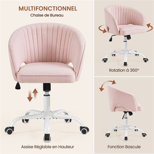 Chaise De Bureau Avec Dossier Capitonné à Canaux à Roulettes Assise Réglable En Hauteur Rose