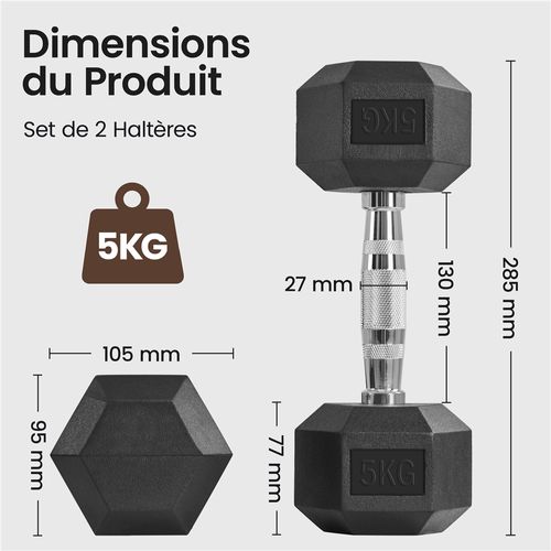 Lot De 2 Haltères Hexagonaux En Métal Gainés De Caoutchouc 2 × 5 Kg