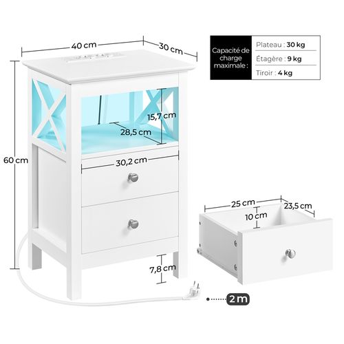 Table De Chevet Avec Station De Charge Et Bande LED Ajustable 2 Tiroirs