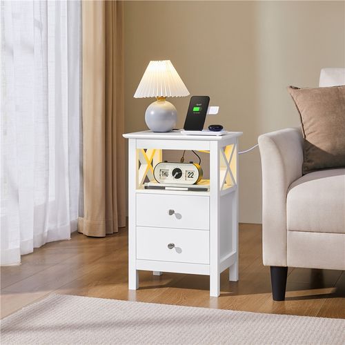 Table De Chevet Avec Station De Charge Et Bande LED Ajustable 2 Tiroirs