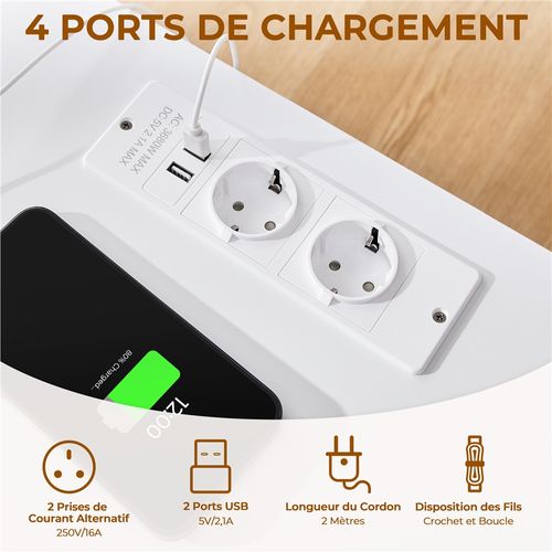 Table De Chevet Avec Station De Charge Et Bande LED Ajustable 2 Tiroirs