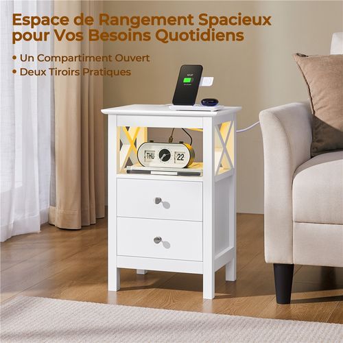 Table De Chevet Avec Station De Charge Et Bande LED Ajustable 2 Tiroirs