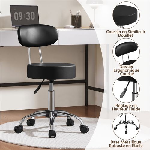 Tabouret de Bureau Chaise dactylo à Roulettes Hauteur Réglable Assise Rembourrée, Noir