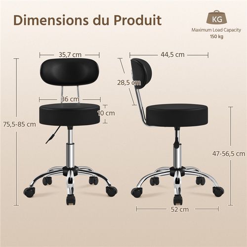Tabouret de Bureau Chaise dactylo à Roulettes Hauteur Réglable Assise Rembourrée, Noir