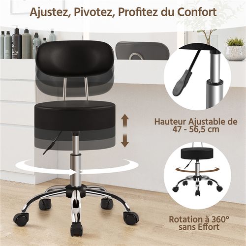 Tabouret de Bureau Chaise dactylo à Roulettes Hauteur Réglable Assise Rembourrée, Noir