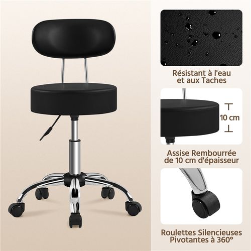 Tabouret de Bureau Chaise dactylo à Roulettes Hauteur Réglable Assise Rembourrée, Noir