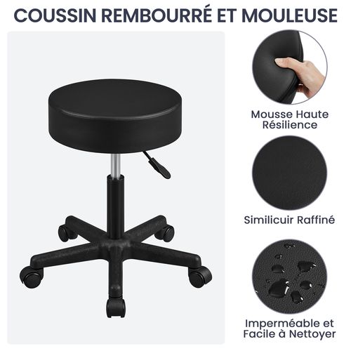 Tabouret de Bureau Chaise dactylo à Roulettes Hauteur Réglable Assise Rembourrée En Simili Noir