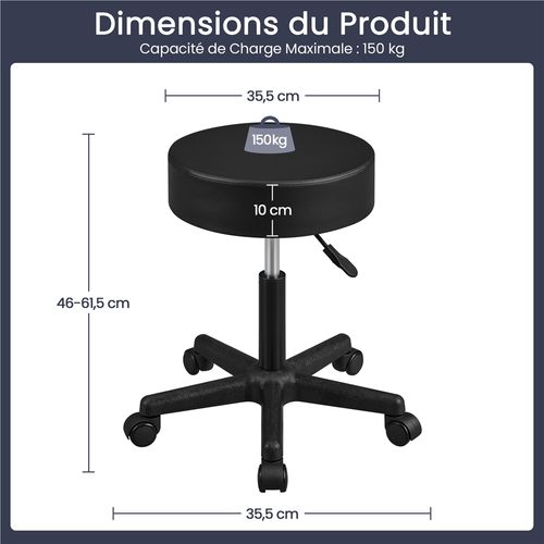 Tabouret de Bureau Chaise dactylo à Roulettes Hauteur Réglable Assise Rembourrée En Simili Noir