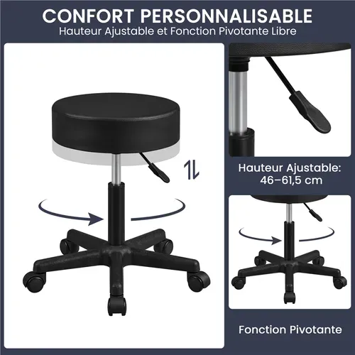 Tabouret de Bureau Chaise dactylo à Roulettes Hauteur Réglable Assise Rembourrée En Simili Noir