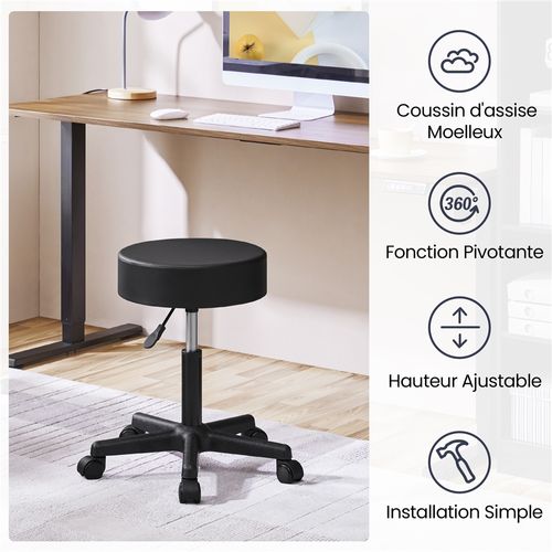 Tabouret de Bureau Chaise dactylo à Roulettes Hauteur Réglable Assise Rembourrée En Simili Noir