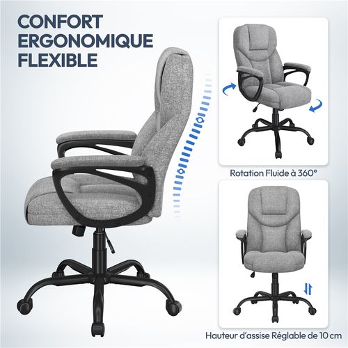 Fauteuil De Bureau En Tissu Avec Haut Dossier Et Assise Réglable En Hauteur Gris