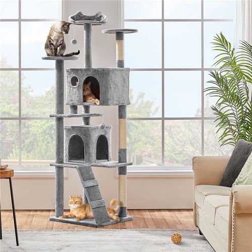 Arbre à Chat En Peluche Tour Multiniveau Avec Perchoirs Cachettes, 203 Cm H Gris Clair