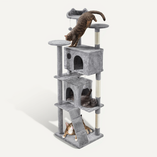 Arbre à Chat En Peluche Tour Multiniveau Avec Perchoirs Cachettes, 203 Cm H Gris Clair