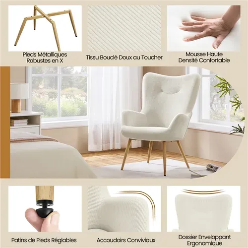 Fauteuil De Salon En Velours Côtelé Avec Pieds En Métal Effet Du Bois, Beige