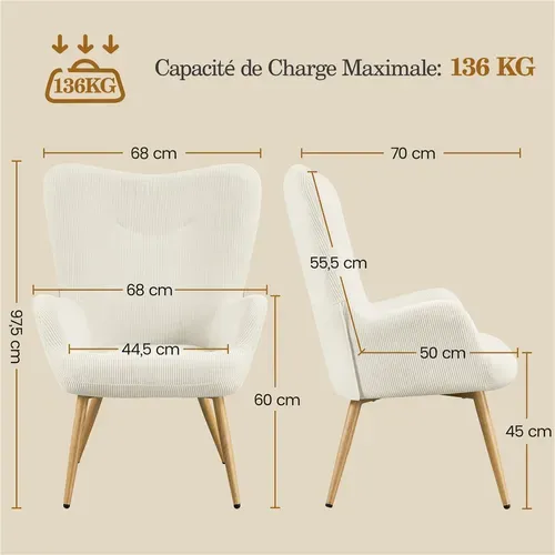 Fauteuil De Salon En Velours Côtelé Avec Pieds En Métal Effet Du Bois, Beige