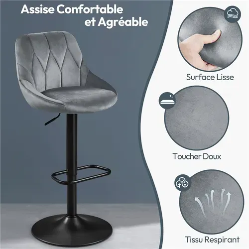 Lot De 2 Chaises De Bar En Velours Avec Assise Pivotante Réglable En Hauteur Gris Foncé