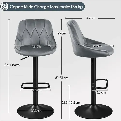 Lot De 2 Chaises De Bar En Velours Avec Assise Pivotante Réglable En Hauteur Gris Foncé