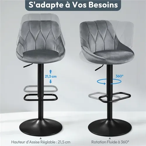 Lot De 2 Chaises De Bar En Velours Avec Assise Pivotante Réglable En Hauteur Gris Foncé