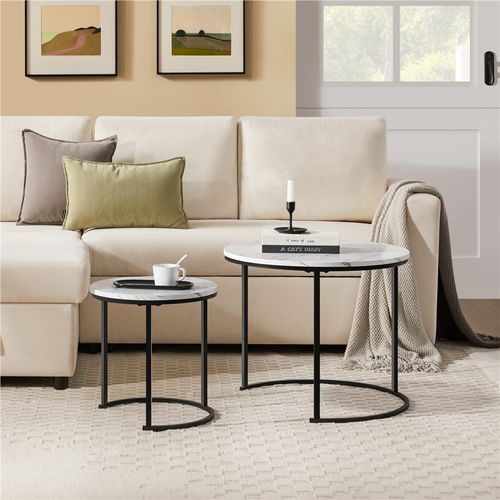 Ensemble De Table Gigogne En Bois 2 Tables Basses Rondes Avec Armature En Métal Blanc Marbré
