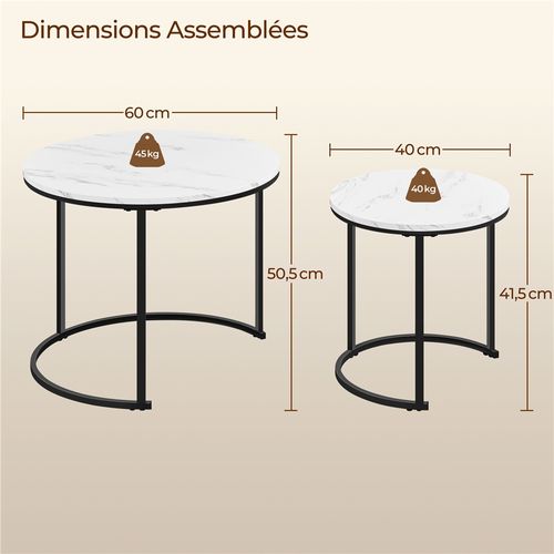 Ensemble De Table Gigogne En Bois 2 Tables Basses Rondes Avec Armature En Métal Blanc Marbré