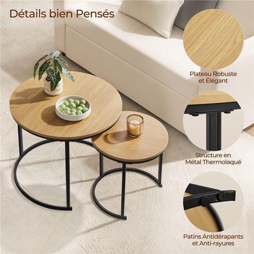 Ensemble De Table Gigogne En Bois 2 Tables Basses Rondes Avec Armature En Métal, Chêne