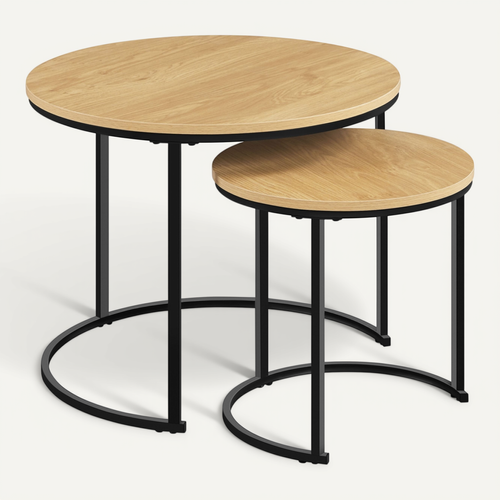 Ensemble De Table Gigogne En Bois 2 Tables Basses Rondes Avec Armature En Métal, Chêne