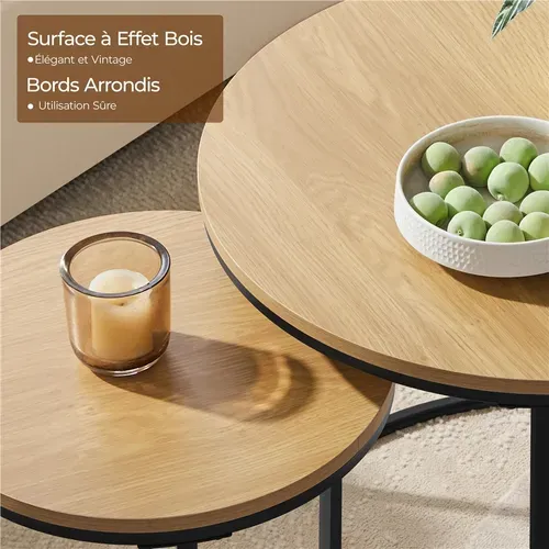 Ensemble De Table Gigogne En Bois 2 Tables Basses Rondes Avec Armature En Métal, Chêne