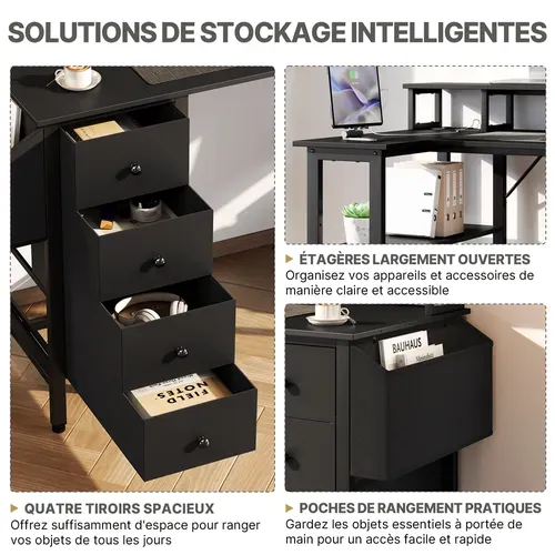 Bureau Gaming Angle Table En L Réversible Avec Support D'écran 4 Tiroirs 2 Étagère 120*68 Cm, Noir
