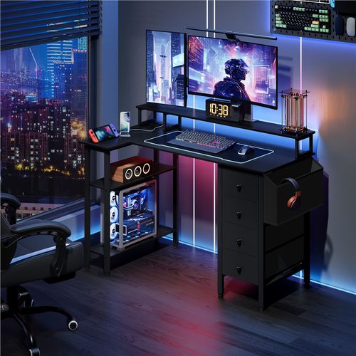 Bureau Gaming Angle Table En L Réversible Avec Support D'écran 4 Tiroirs 2 Étagère 120*68 Cm, Noir