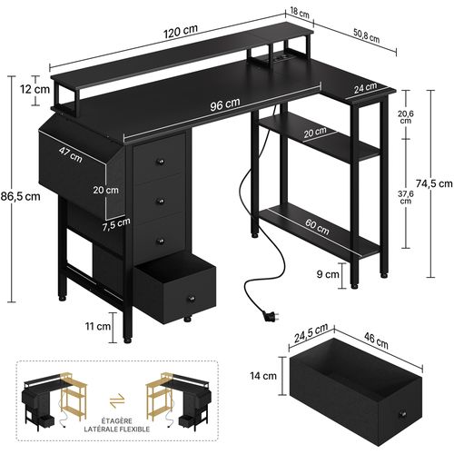 Bureau Gaming Angle Table En L Réversible Avec Support D'écran 4 Tiroirs 2 Étagère 120*68 Cm, Noir