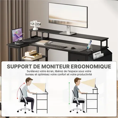 Bureau Gaming Angle Table En L Réversible Avec Support D'écran 4 Tiroirs 2 Étagère 120*68 Cm, Noir