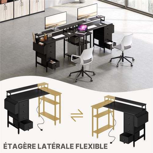 Bureau Gaming Angle Table En L Réversible Avec Support D'écran 4 Tiroirs 2 Étagère 120*68 Cm, Noir