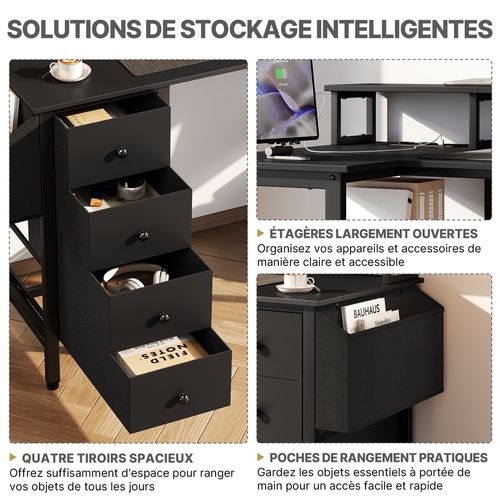 Bureau PC Gaming Angle Table En L Avec Support D'écran 4 Tiroirs 2 Étagère, 140*68 Cm L Noir