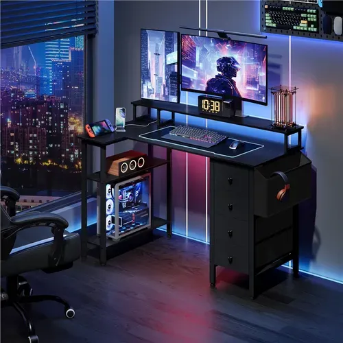 Bureau PC Gaming Angle Table En L Avec Support D'écran 4 Tiroirs 2 Étagère, 140*68 Cm L Noir