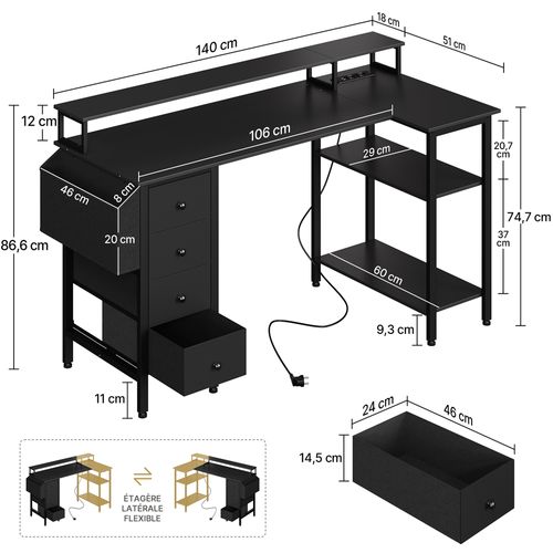 Bureau PC Gaming Angle Table En L Avec Support D'écran 4 Tiroirs 2 Étagère, 140*68 Cm L Noir